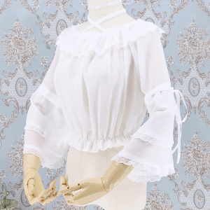 洛丽塔日常lolita内衬雪纺衫一字姬袖两穿内搭衫春夏喇叭袖上衣