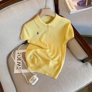 外贸孤品黄色Polo领小香风刺绣针织衫短袖女2024夏J气质显瘦上衣