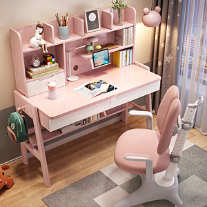 实木书桌儿童学习桌原木写字桌书架一体简约可升降课桌椅套装家用