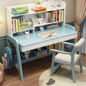 儿童学习桌书架一体男女孩家用卧室全实木书桌小学生可升降写字桌