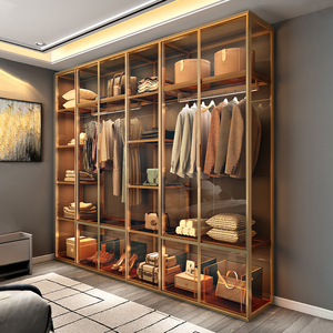 金属衣柜家用卧室轻奢现代玻璃衣橱定制到顶铝合金衣帽间柜子组合