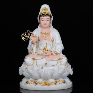 白衣观音佛像汉白玉观世音菩萨像南海坐莲观音摆件娑婆三圣神像