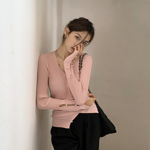 jennie同款冰丝针织衫秋季新款女薄款打底长袖v领粉色温柔风上衣