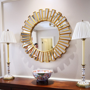 欧美式圆形玄关镜客厅背景墙面太阳壁挂装饰镜餐边柜复古化妆镜子