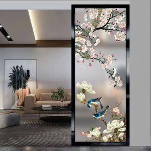 新中式艺术玻璃屏风隔断客厅入户玄关钢化玻璃磨砂定制喜上眉梢