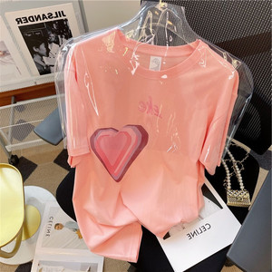 捡漏专柜撤回尾单大牌外贸~豆沙粉色爱心印花休闲百搭t恤女2022夏