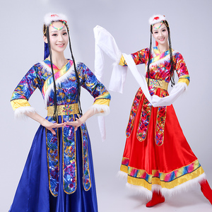 藏族服装女演出服民族风西藏装长袖成人短袖舞蹈表演套装水袖卓玛