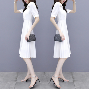 白色雪纺连衣裙女夏装2024年新款高级感收腰显瘦气质蕾丝百褶裙子