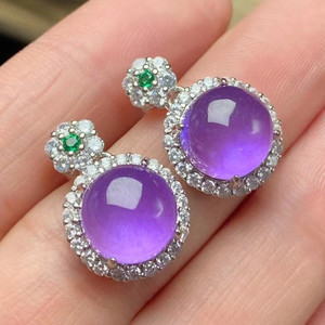 拍卖天然翡翠紫罗兰耳坠冰种蛋面镶嵌翡翠紫色耳钉女款耳饰耳环