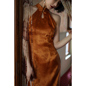 Ching's复古缎面提花砍袖连衣裙 镂空气质新中式改良削肩旗袍晨袍