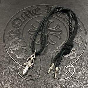ch风格皮绳款中号宝剑圣剑匕首吊坠 细银扣鹿皮编制民族风项链
