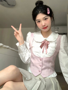 韩剧学院风JK制服粉色马甲长袖衬衫半身裙迪の士尼穿搭三件套装女