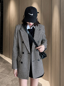 千鸟格毛呢外套女2021年新款秋装搭配加厚英伦风小个子中长款西装