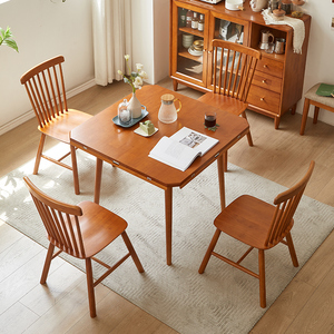 全实木餐桌可折叠原木风方桌小户型圆桌樱桃木色客厅可伸缩桌椅