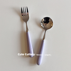 韩式香芋紫酸奶勺沙拉叉 陶瓷手柄 不锈钢网红甜品叉勺 家用餐具