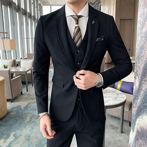西装暴徒男雅痞条纹西服套装男士三件套修身一套英伦风正装男外套