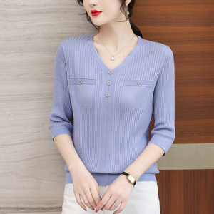 中袖针织衫修身显瘦七分袖女上衣秋装薄款鸡心领打底衫毛衣女短款