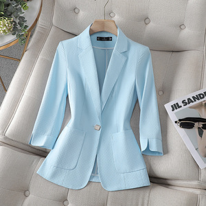 浅蓝色西装外套女七分袖气质韩版2024新款春夏薄款休闲小个子西服