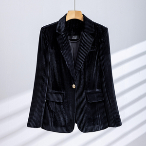 高端金丝绒黑色西装外套女上衣春秋新款欧货灯芯绒小西服套装秋冬