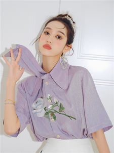 紫色刺绣花朵领带衬衫宽松夏季新款女显白百搭高级感衬衣藏肉短袖