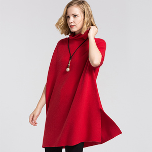 秋新羊绒衫女毛衣堆领五分袖中袖a字针织红色中长款连衣裙韩