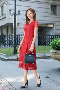 2021翡翠伊人夏装正品（9956款）红色蕾丝连衣裙