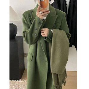 英伦风冷淡系绿色双面羊绒呢子大衣冬装茧型高级感中长款毛呢外套