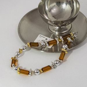 法式老钱风美拉德琥珀水晶管金属球夸张锁骨链小众设计甜酷风项链