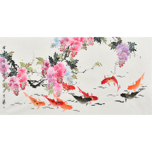 横幅紫藤九鱼图 手绘国画鲤鱼花鸟画 富贵有余 客厅餐厅字画挂画