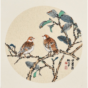 纯手绘国画花鸟画 卡纸圆面 日暮双栖 客厅餐厅装饰字画挂画