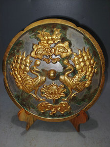 唐代青铜鎏金浮雕双凤花卉透光镜古玩古董收藏品真品摆件铜镜