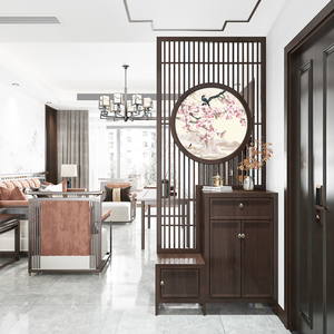 入户进门玄关实木格栅新中式屏风隔断客厅换鞋凳进户门装饰隔断柜