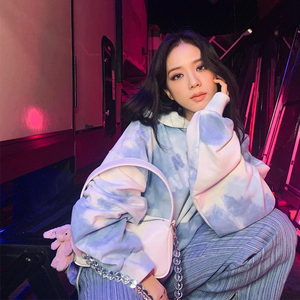 jisoo金智妮金智秀同款蓝色扎染连帽卫衣女宽松休闲慵懒风上衣潮