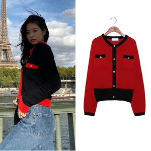 blackpink金智妮jennie同款红色针织开衫外套时尚气质毛衣上衣女