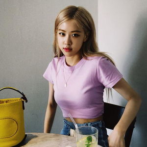 金智妮朴彩英同款白色短袖t恤短款露脐基础百搭圆领上衣外穿夏季