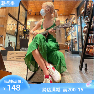 朴彩英rose同款绿色吊带连衣裙收腰长款度假风复古绿v领雪纺长裙