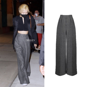 rose朴彩英明星同款粗纺薄毛呢高腰阔腿裤2021秋冬灰色直筒长裤子