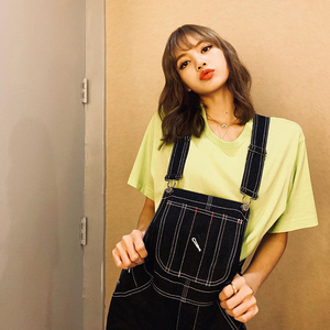 lisa同款蓝色牛仔背带裤女学院风宽松高腰直筒阔腿连体裤夏季新款