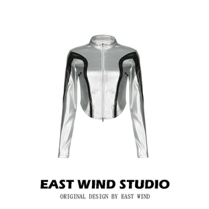 EAST WIND 拽酷机车风PU亮皮银色立领外套条纹拼接露腰显瘦上衣女