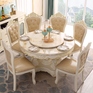 欧式餐桌椅组合6人8人 大理石圆桌带转盘家用实木法式圆形吃饭桌