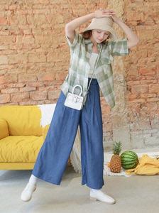 LOEN 原创设计夏新款日系文艺学生浅绿格子宽松短袖衬衫女 FUDGE