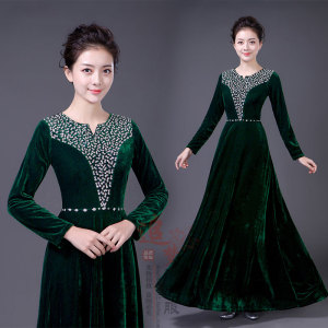 大合唱演出服礼服弹力丝绒指挥服女长袖演出服合唱服装女长裙