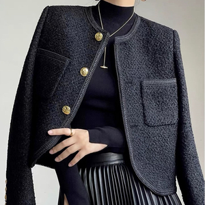 gros snidel西装秋冬名媛风金属扣复古粗花呢短款小香风外套上衣