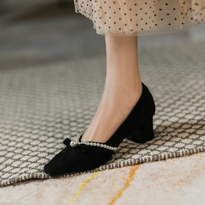 小ck女鞋2021新款百搭仙女晚晚风温柔单鞋珍珠粗跟玛丽珍高跟鞋女