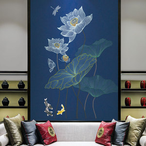 玄关独秀墙布刺绣背景墙新中式荷花莲花莲蓬亭亭玉立古典独绣壁布