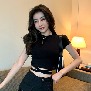 黑色短袖t恤女修身短款上衣夏短装泫雅风绑带高腰露脐紧身打底衫