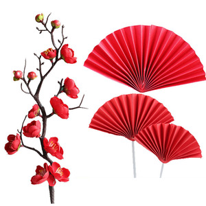 中式复古蛋糕装饰插件红色纸扇子折扇插卡中国风祝寿生日派对插牌