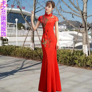 红色绣娘鱼尾款长旗袍2023春季新品中国风修身走秀演出连衣裙礼服