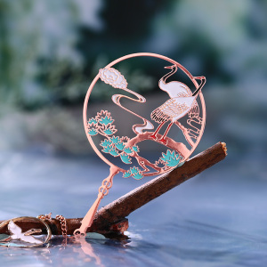 产品仙鹤 新年高档金属团扇书签古典中国风创意古风礼物小礼品礼盒装