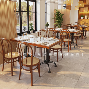 网红餐厅桌椅组合定制简约美式复古咖啡厅西餐厅实木岩板餐桌椅子